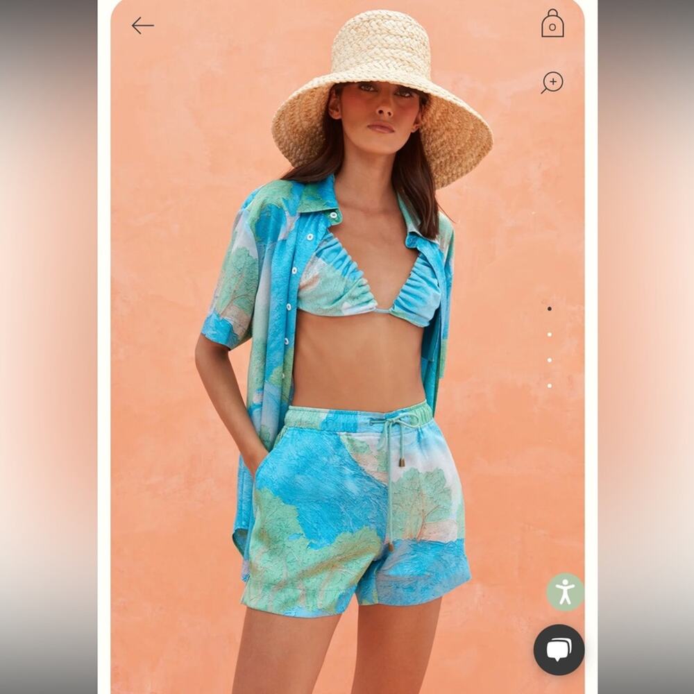 cult gaia rayn blue & green landscape printed button up silk shirt blouse top